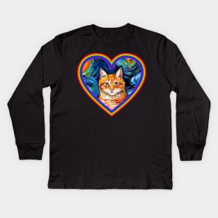 Orange Tabby Cat in a Rainbow Heart Kids Long Sleeve T-Shirt